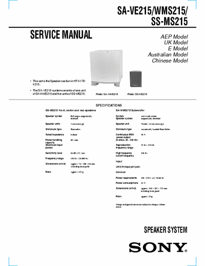 SONY SA-WMS215 SONY Subwoofer.Single pdf file.